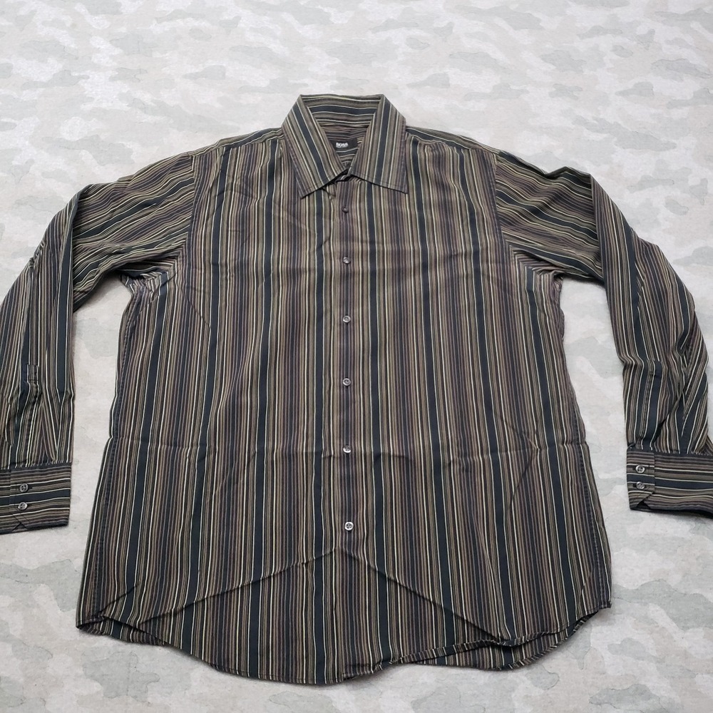 Boss Hugo Boss Shirt Mens 17.5 Green Long Sleeve Button-Up Striped